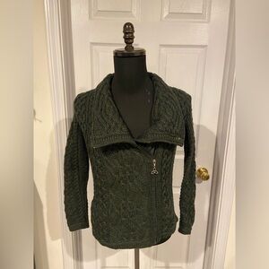 Aran Sweater Market Green Knit Cardigan Sweater 100% Wool Made In Ireland XS